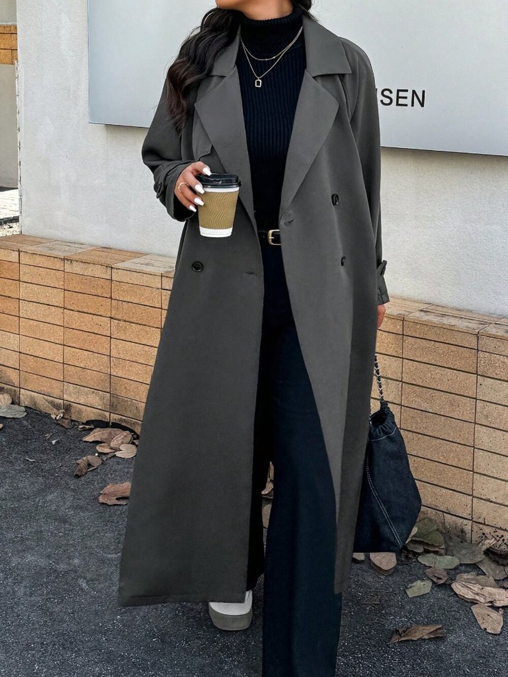 Grey Elegant Women's Plus Size Front Button Long Sleeve Casual Trench Coat